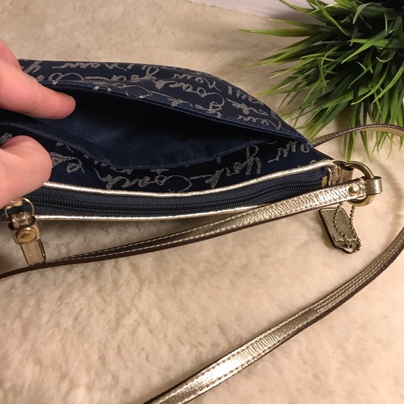 In Like-New COACH Poppy Signature Script Lurex Blue Gold Jacquard Leather Bag - Picture 12 of 14